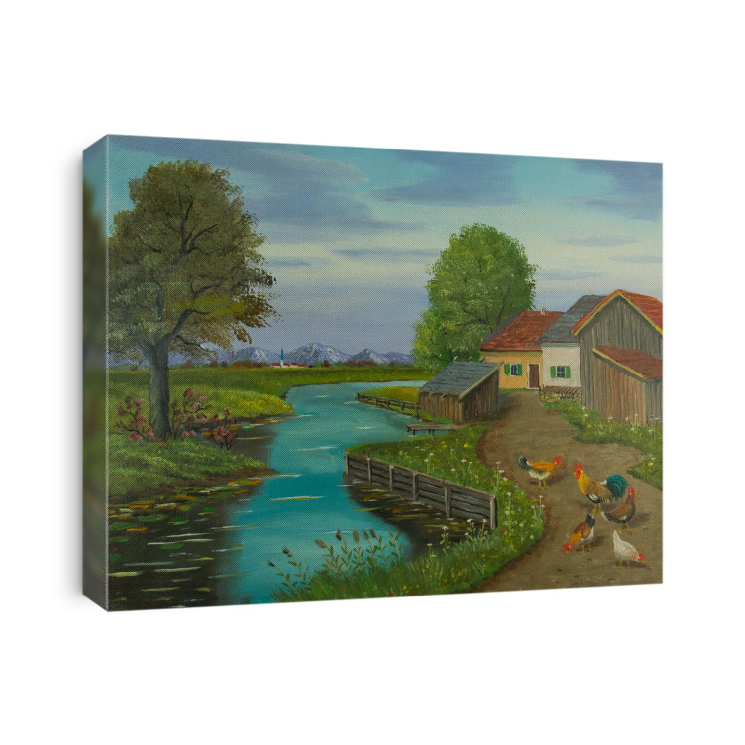 Oil painting of free-range chickens and a cock on a path beside the river