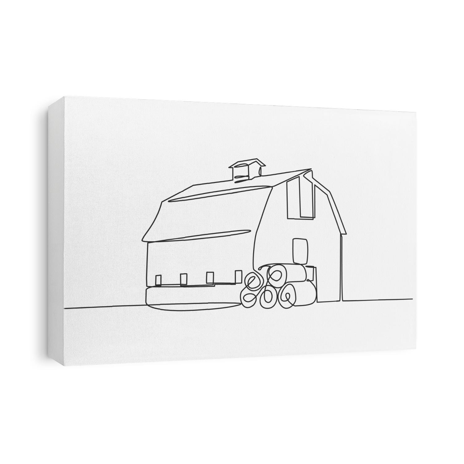 Continuous line drawing of a barn in a farm
