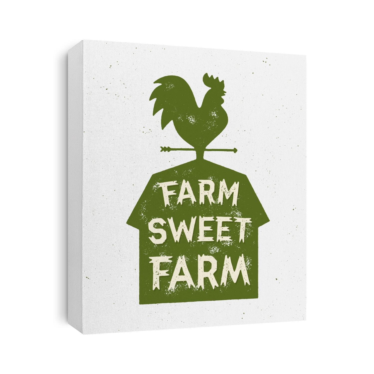 Farm Sweet Farm. Vintage Textured T shirt Design, Wall Art, Sign, Badge, Emblem with Rustic Rural Look. Rooster and Barn Vector Illustration.