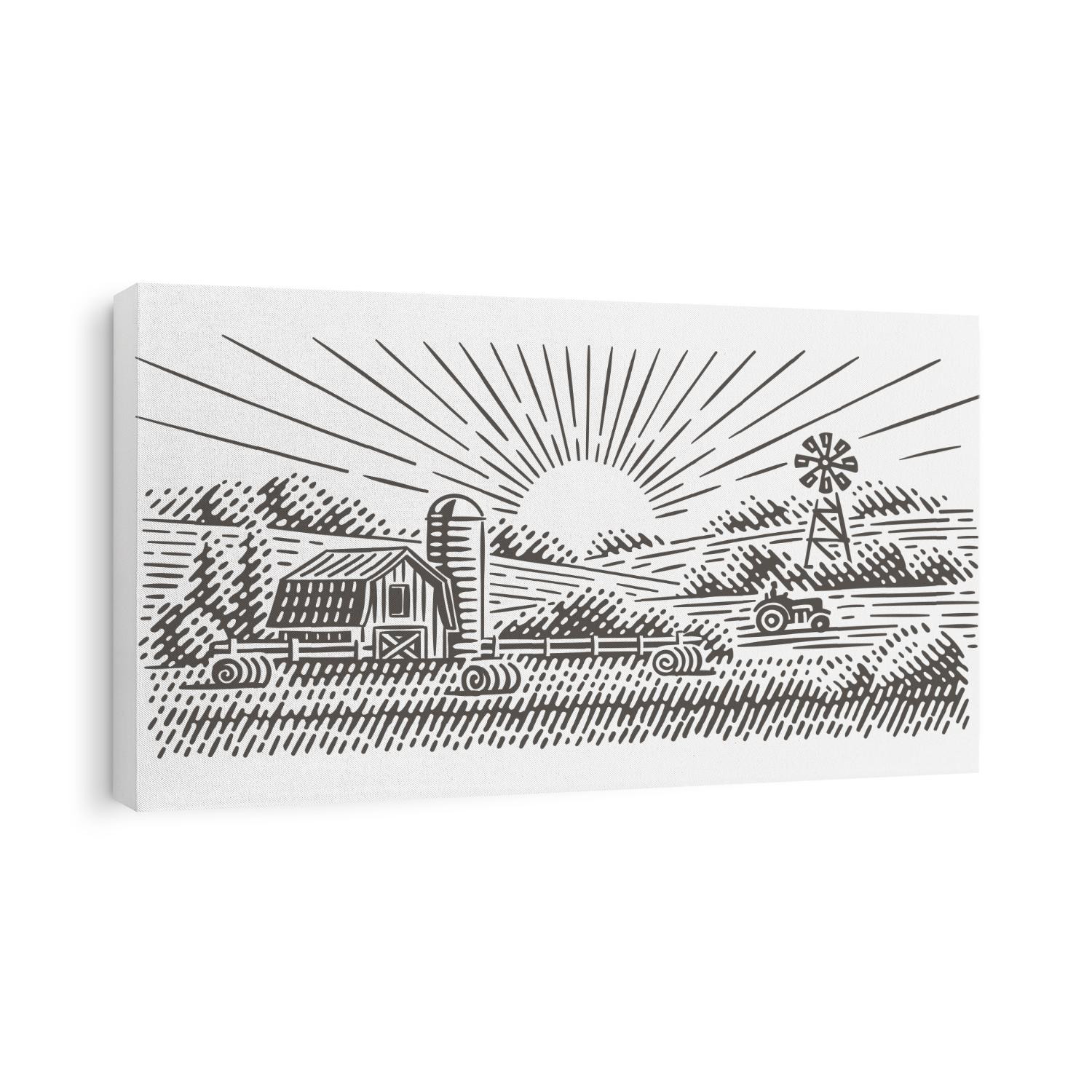 Rustic Landscape illustration. Vector, isolated. 