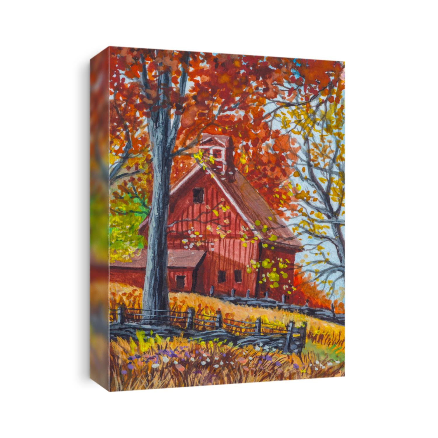 Red country house. Farm barn. Autumn forest. A lot of foliage on a ground