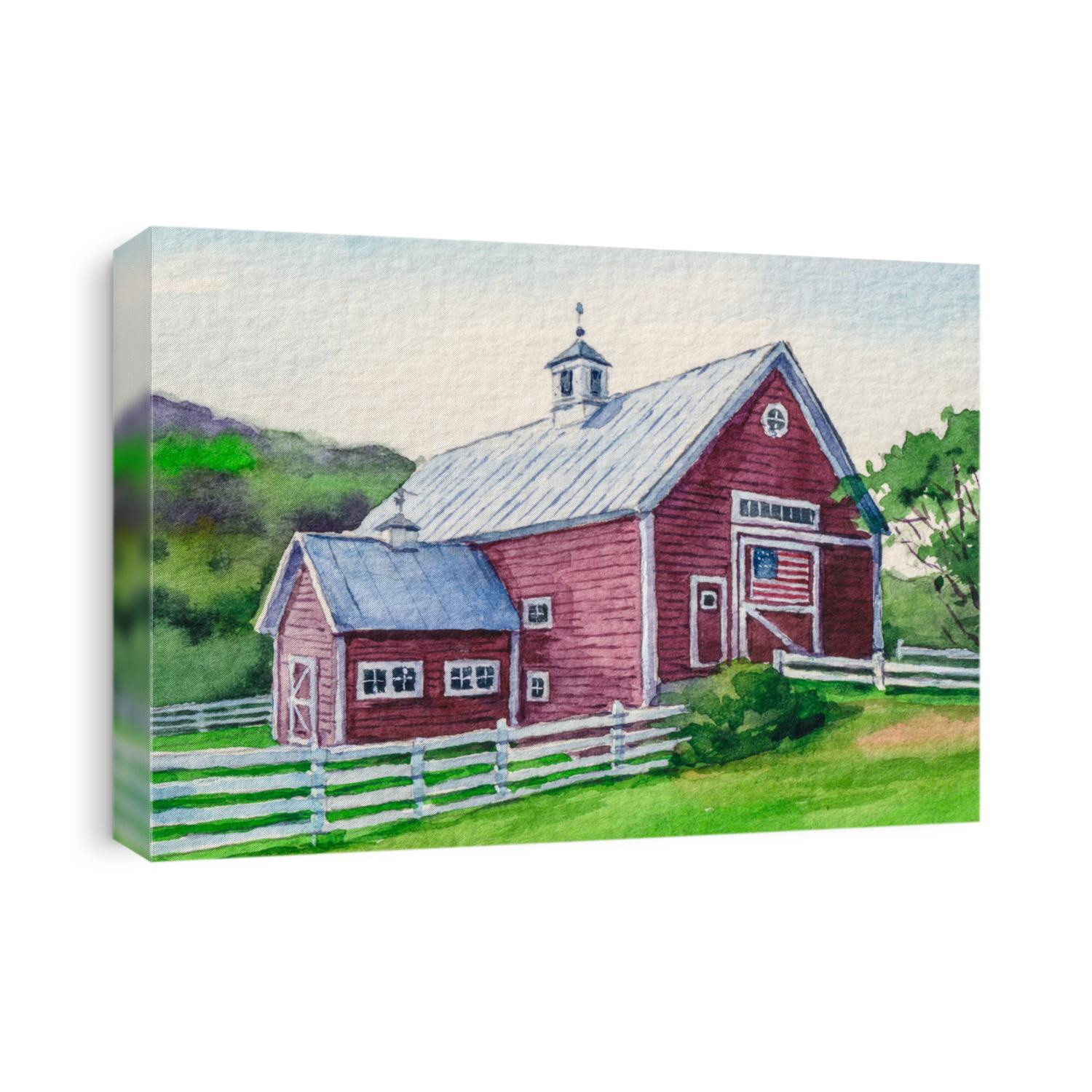 Farm red barn. American flag. 4th of July Independence, Memorial or Presidents Day. US starry striped patriotic symbol. United States Country landscape. Watercolor painting. Acrylic drawing art.