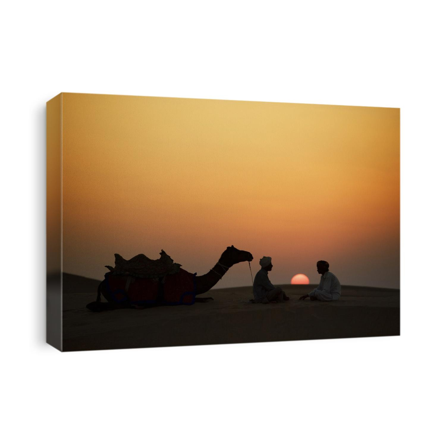 Camel and men at sunset in the dessert