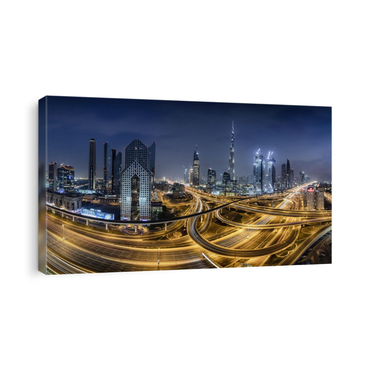 Panorama of the Burj Khalifa and massive interchange of Dubai