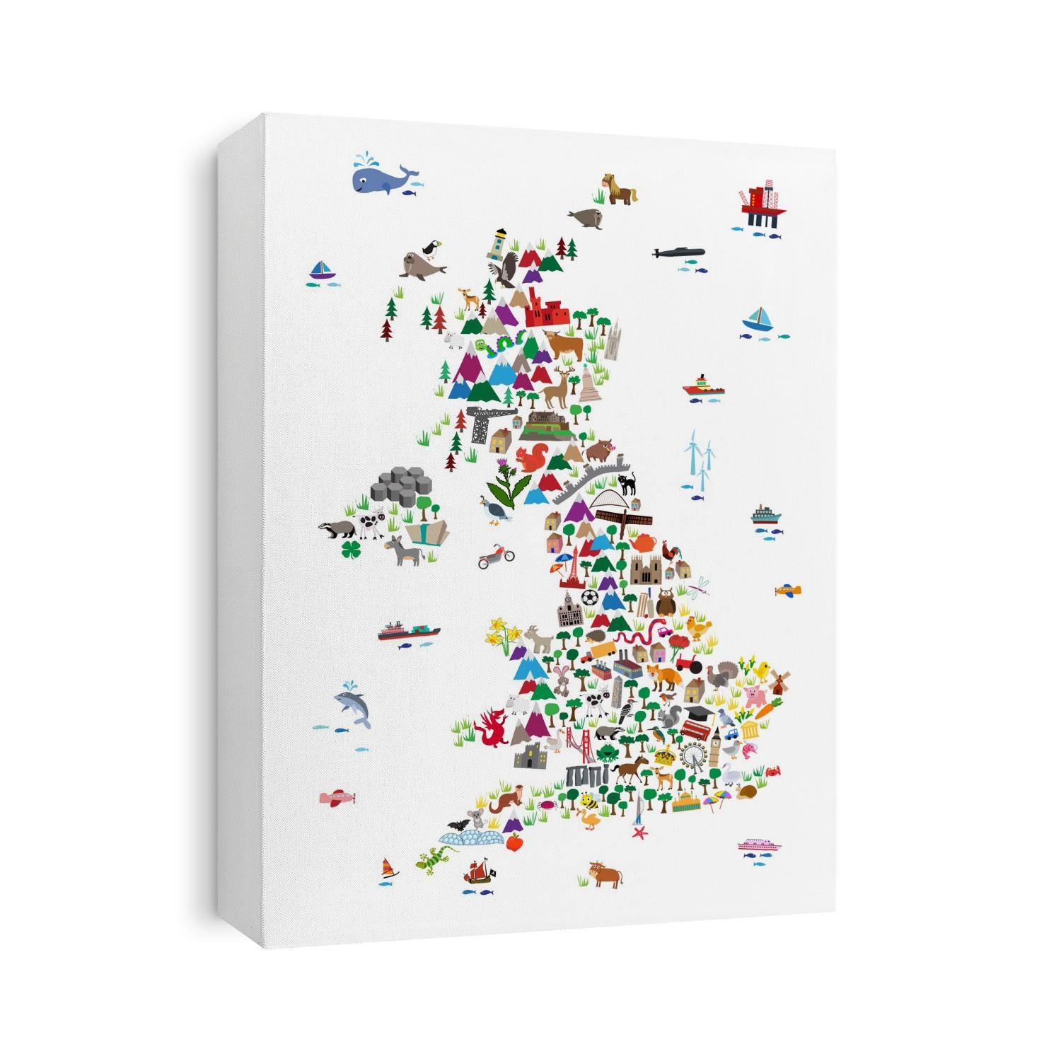 A map of Great Briatin & Northern Ireland featuring cartoon animals, famous landmarks, and buildings. A colorful, fun and exciting map for any young child to engage their imaginations. White Background.
