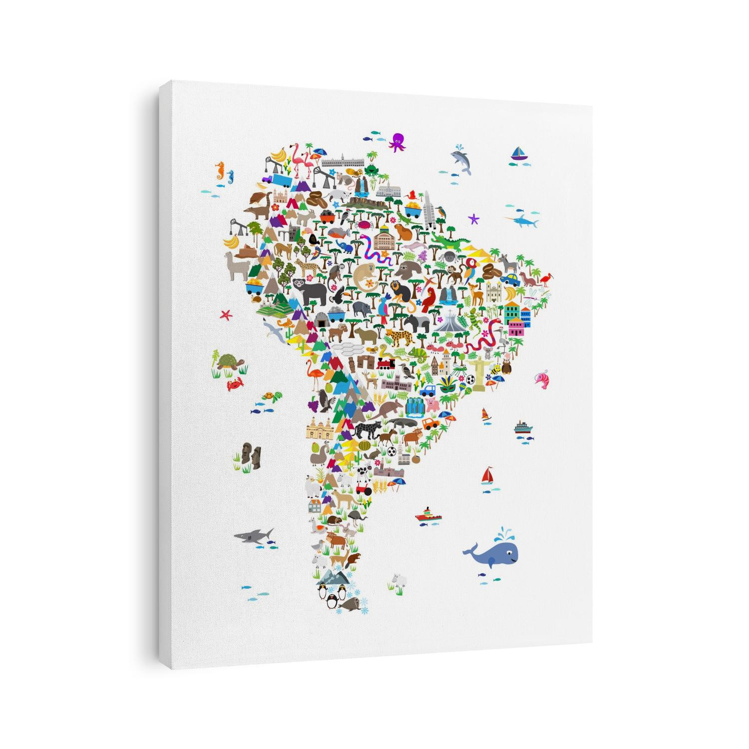 A map of South America featuring cartoon animals, famous landmarks, and buildings. A colorful, fun and exciting map for any young child to engage their imaginations. White Background.