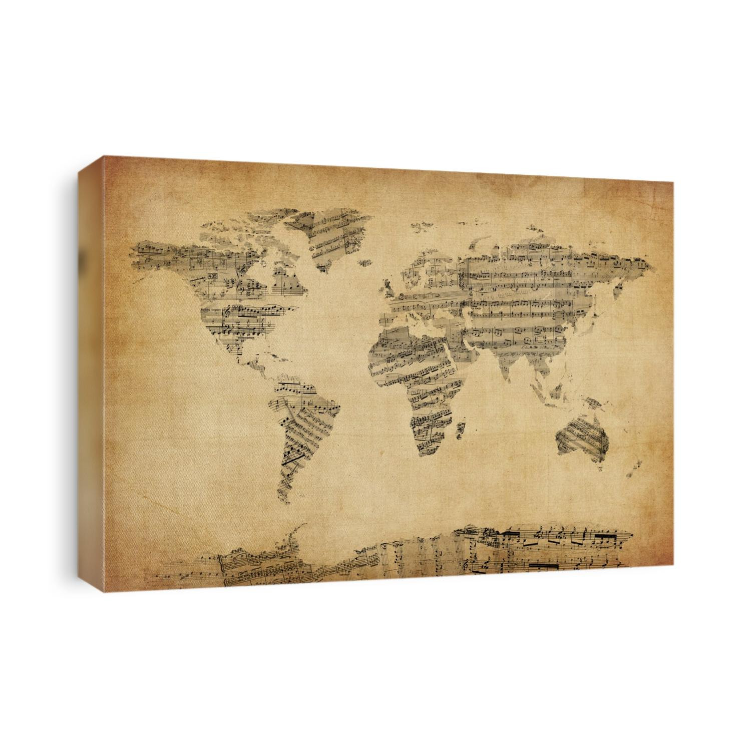 A map of the world made from a collage of old and vintage sheet music, including some handwritten scores and notes, on an antique style background.