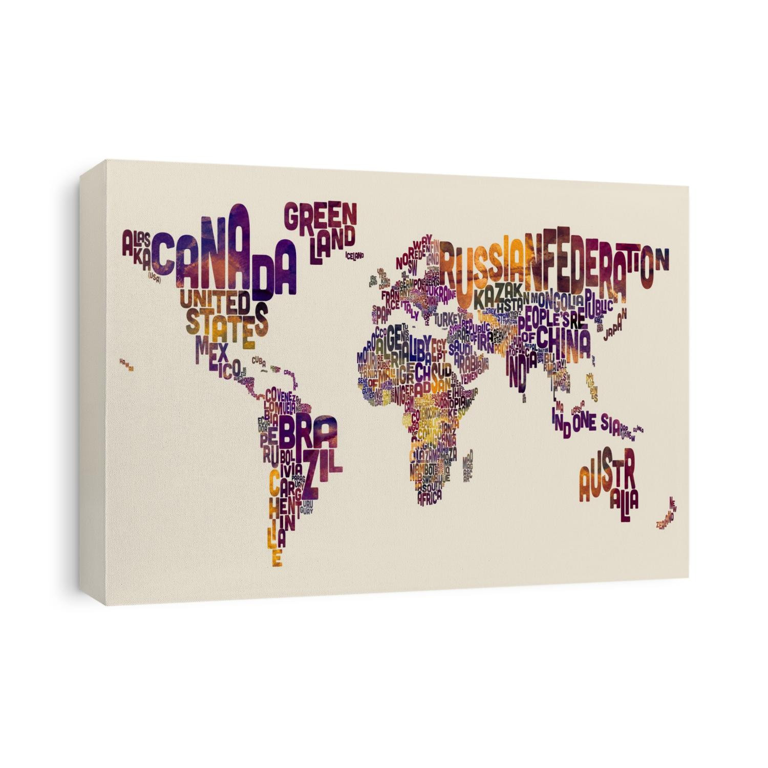 A typographic text map of the World. Each country is represented by its name, which is shaped to fit into the geographically correct area. Virtually all countries are represented expect for some of the very smaller islands in the Pacific and Caribbean.