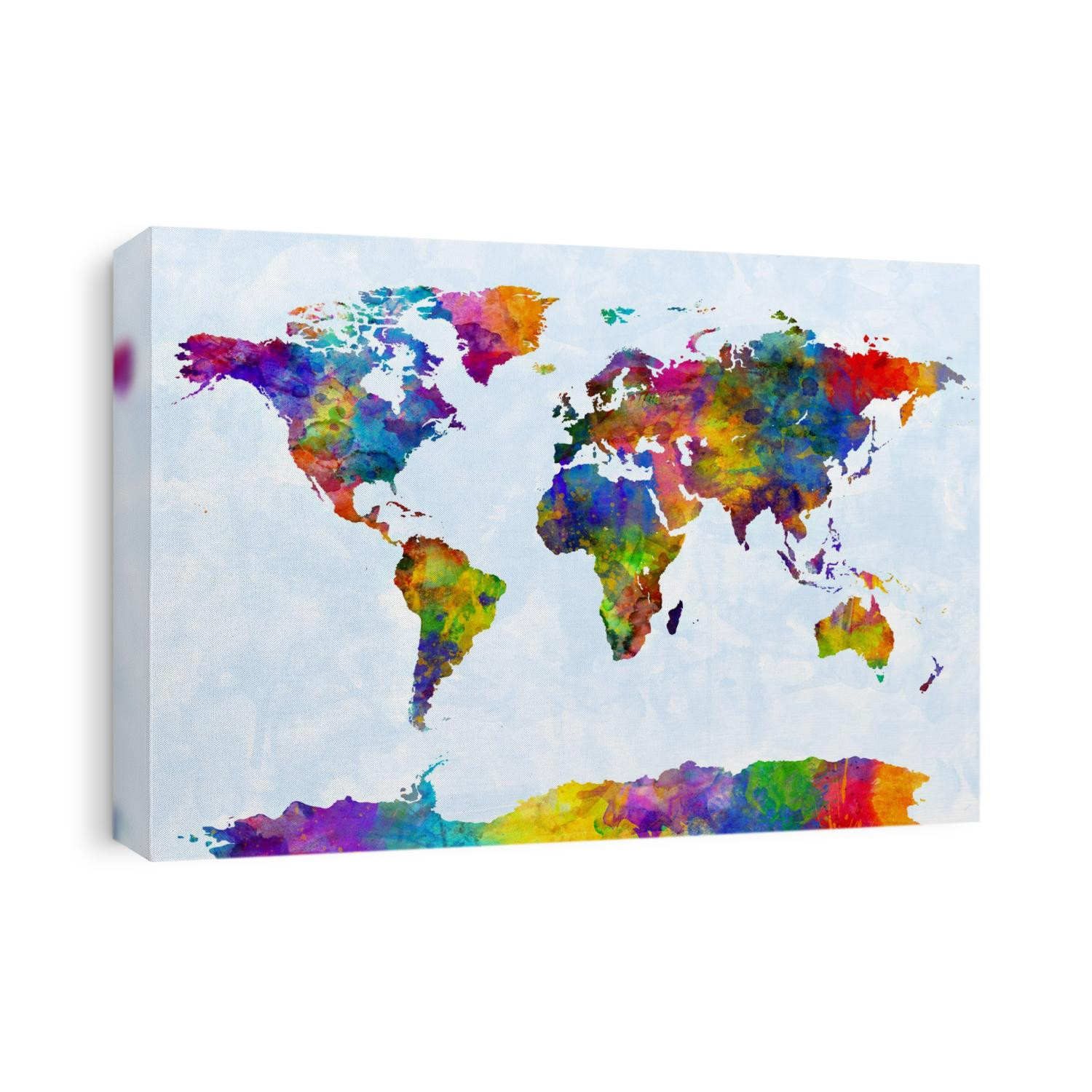 A bright and colorful watercolor world map.