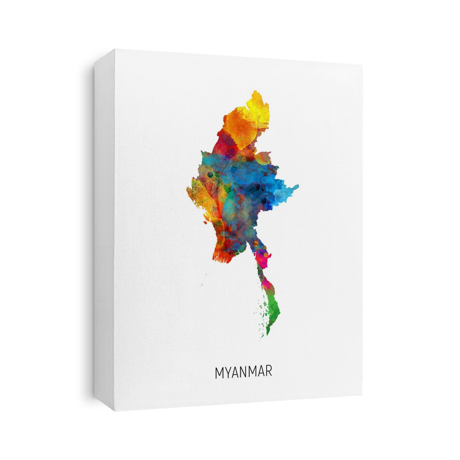 A watercolor map of Myanmar
