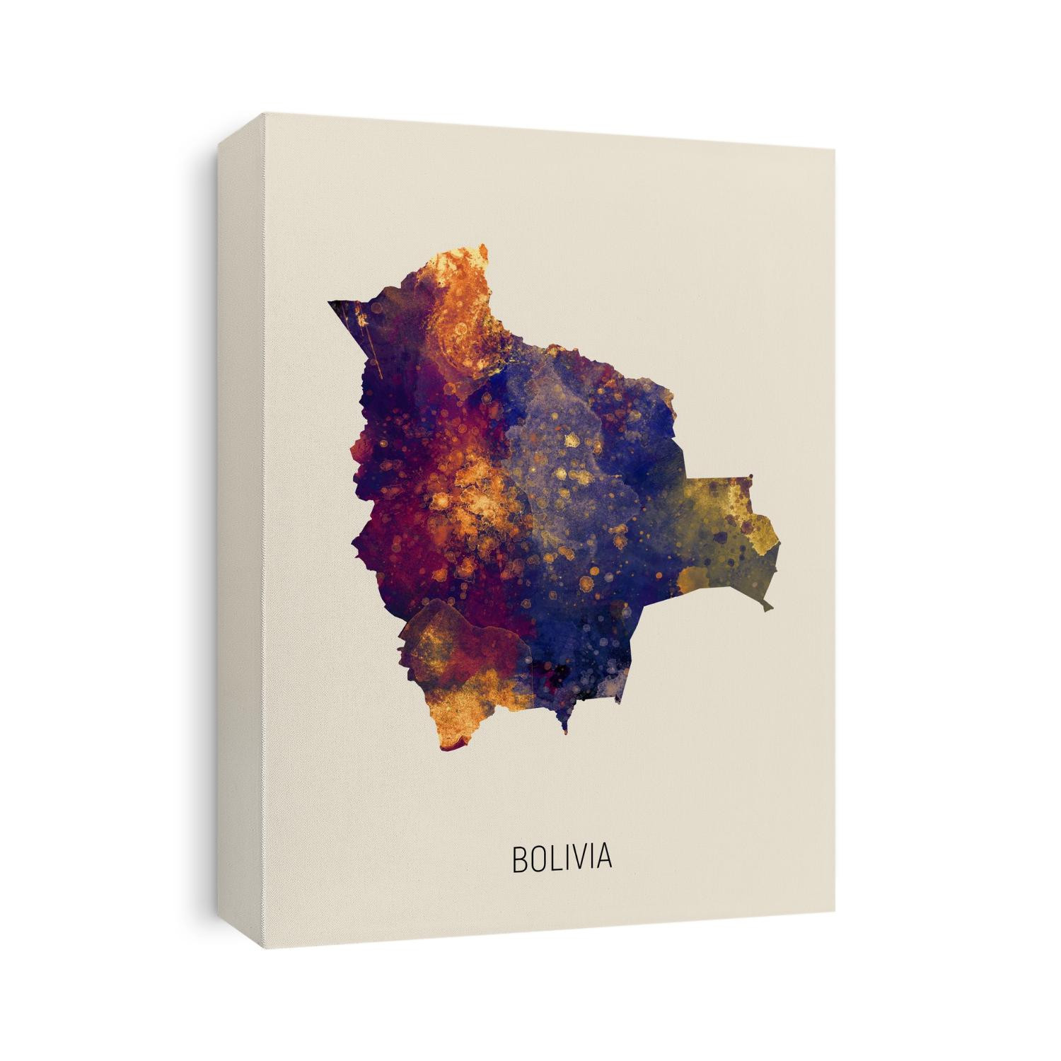 A watercolor map of Bolivia