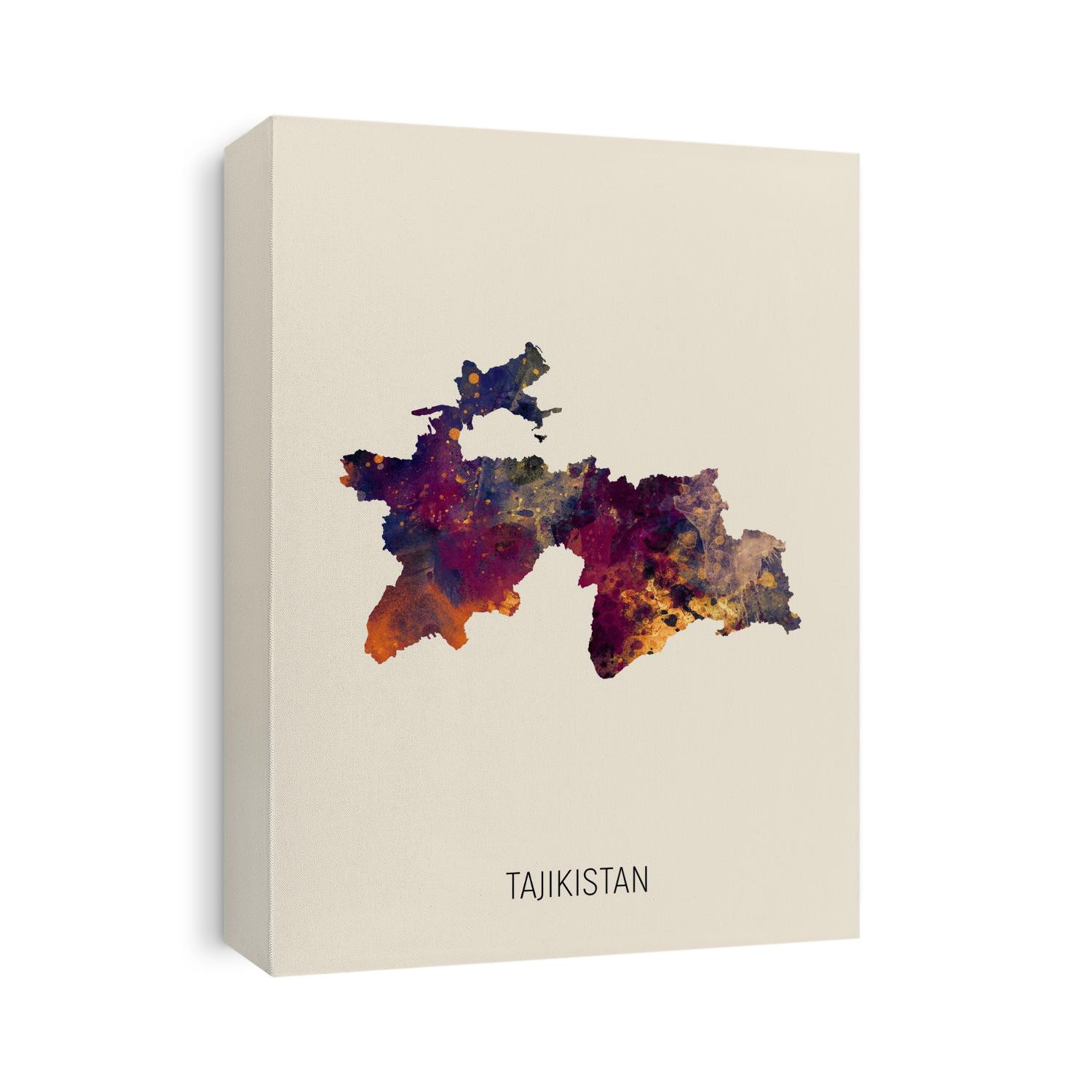 A watercolor map of Tajikistan