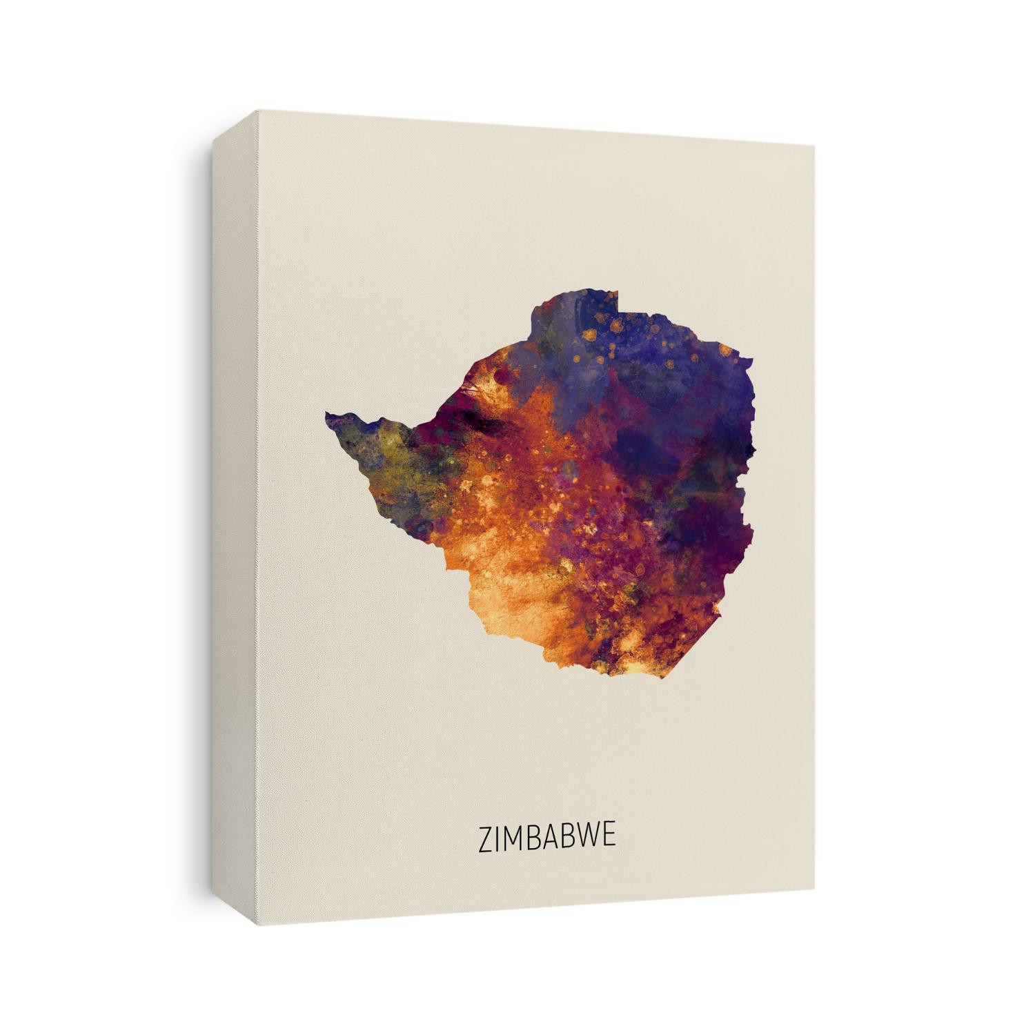 A watercolor map of Zimbabwe