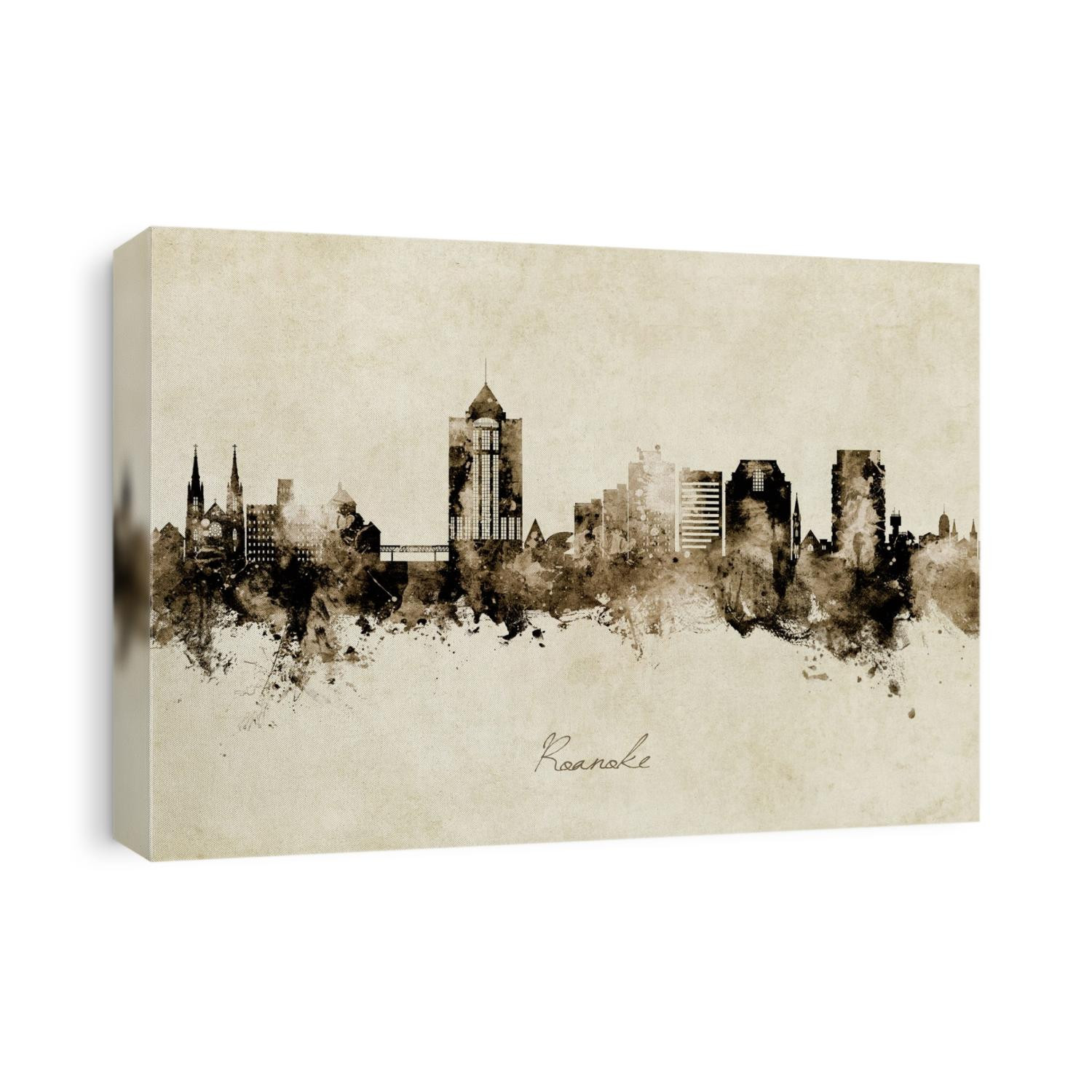 Watercolor art print of the skyline of Roanoke, Virginia