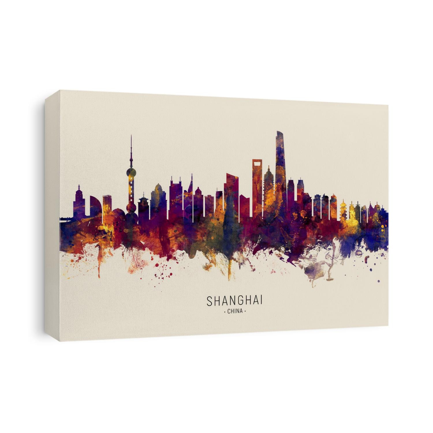 Watercolor art print of the skyline of Shanghai, China