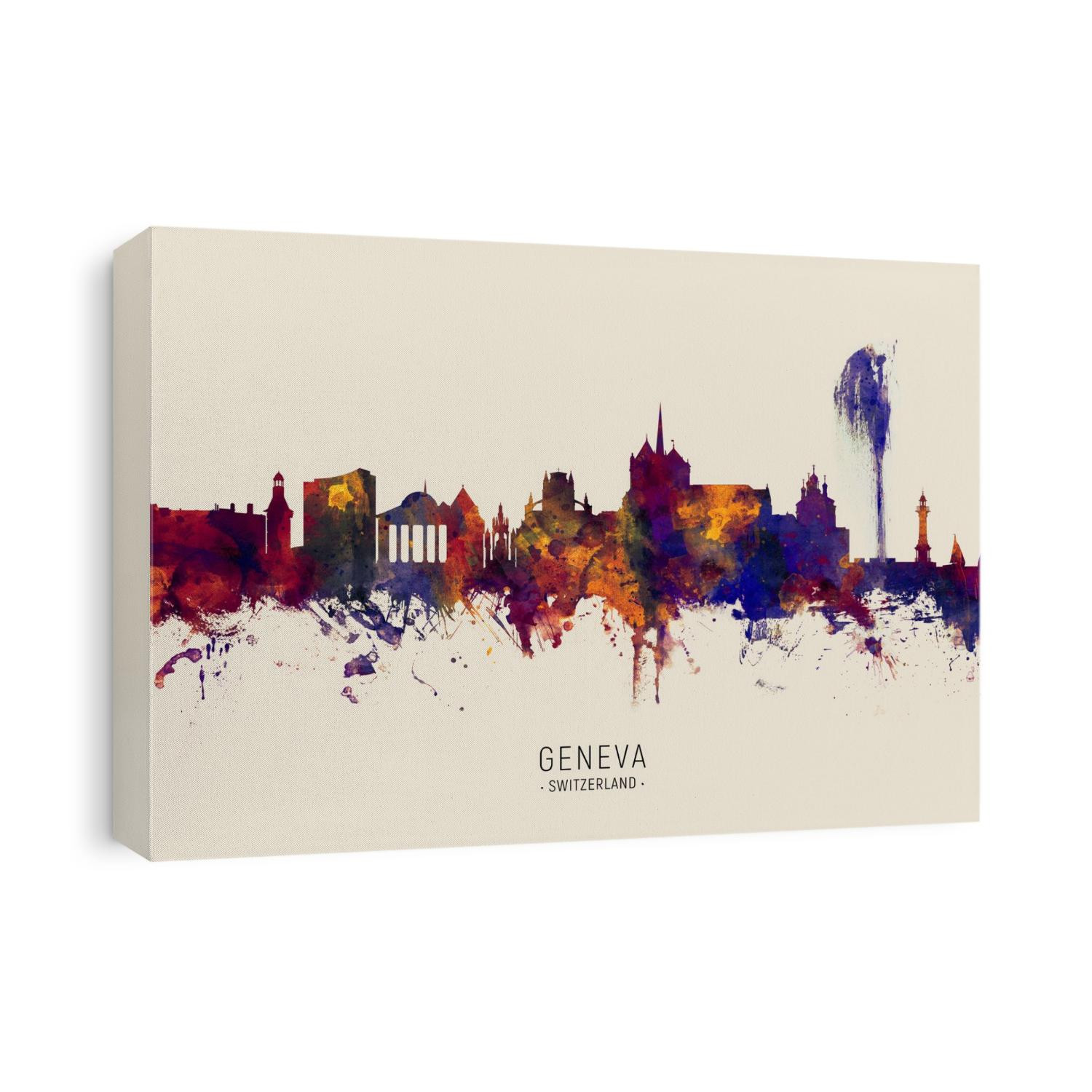 Watercolor art print of the skyline of Geneva, Switzerland