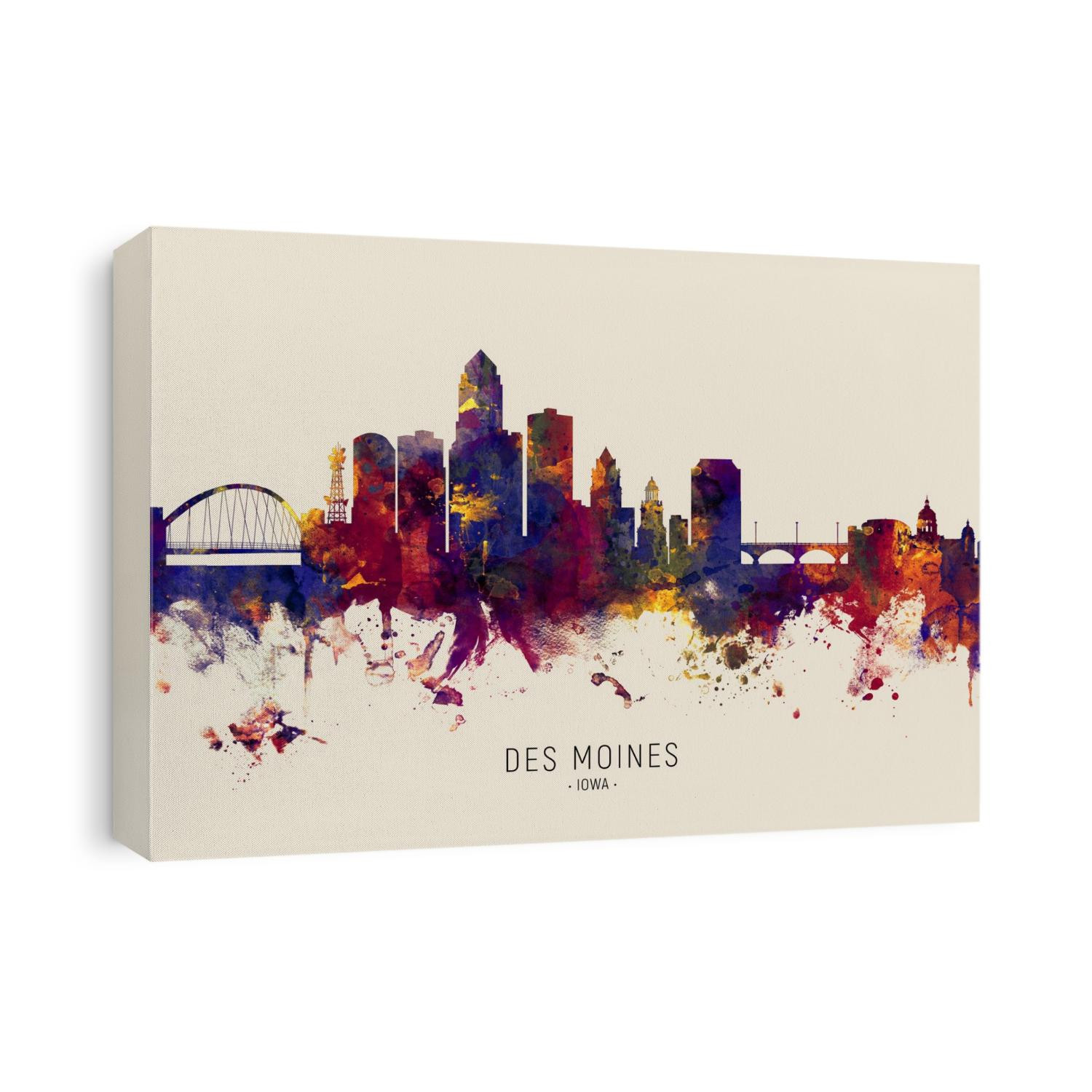 Watercolor art print of the skyline of Des Moines, Iowa, United States