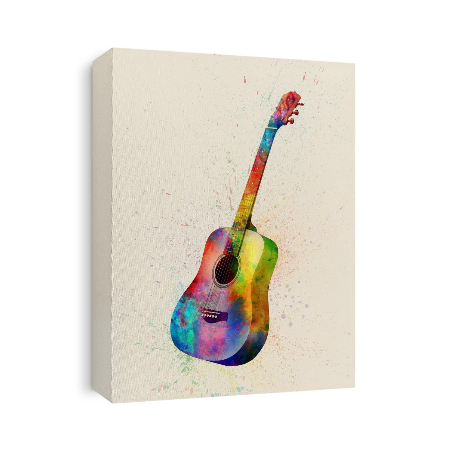 An abstract watercolor print of an acoustic guitar