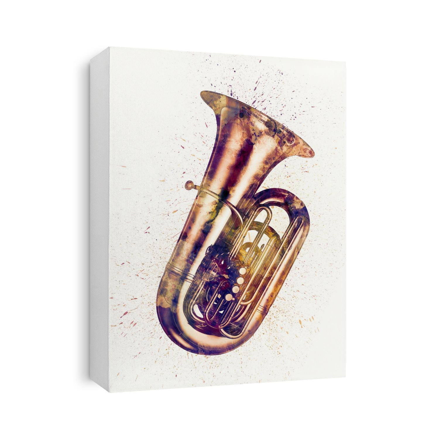 An abstract watercolor print of a Tuba