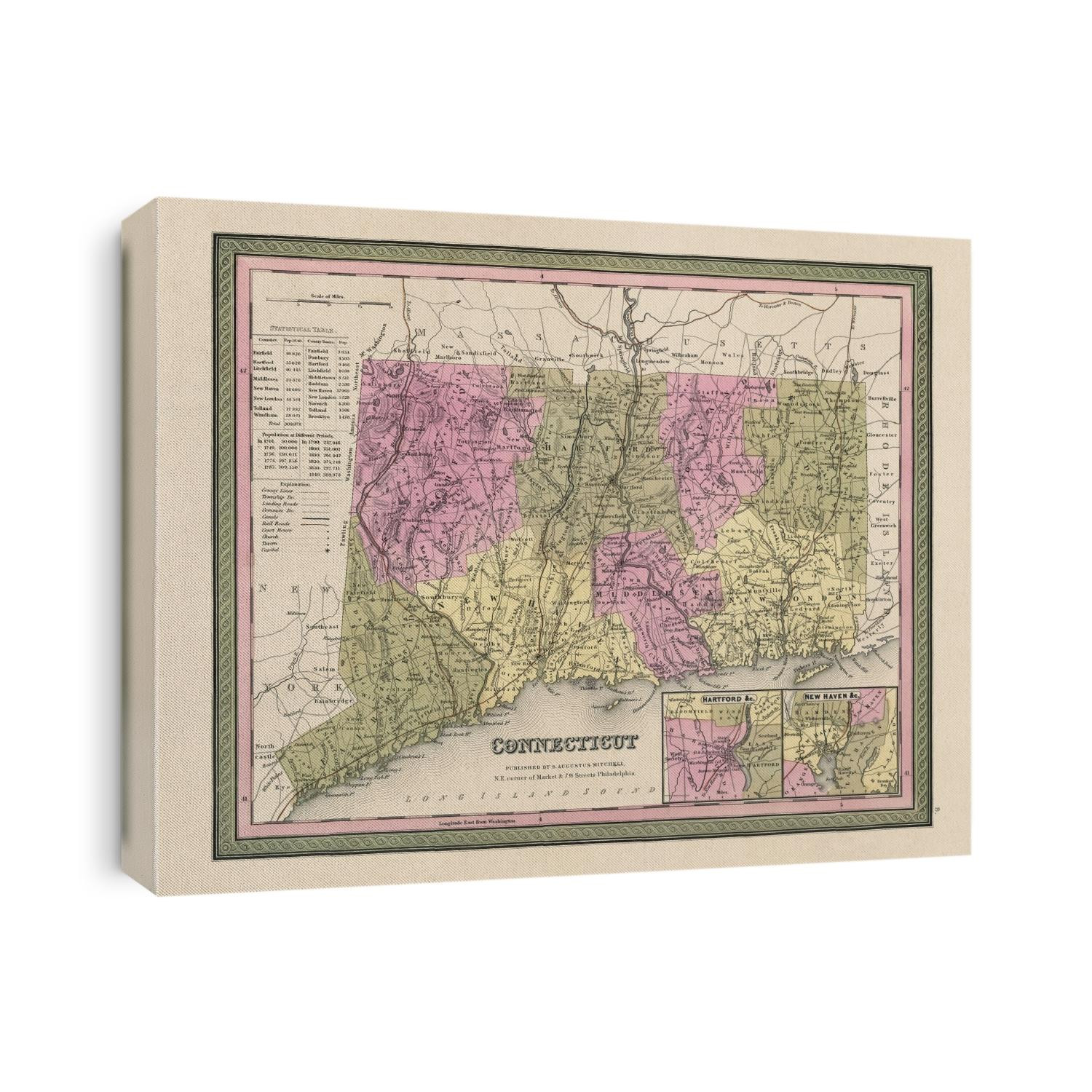 Old map of Connecticut from 1849 by Samuel Augustus Mitchell.