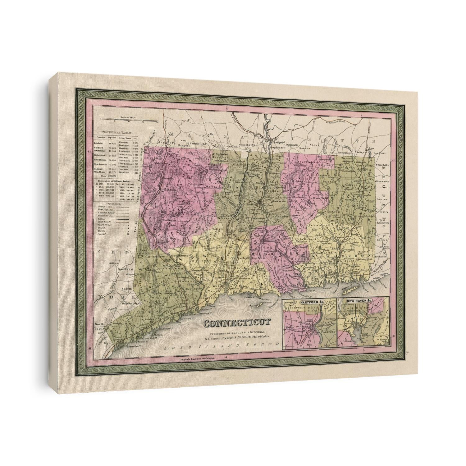 Old map of Connecticut from 1849 by Samuel Augustus Mitchell.