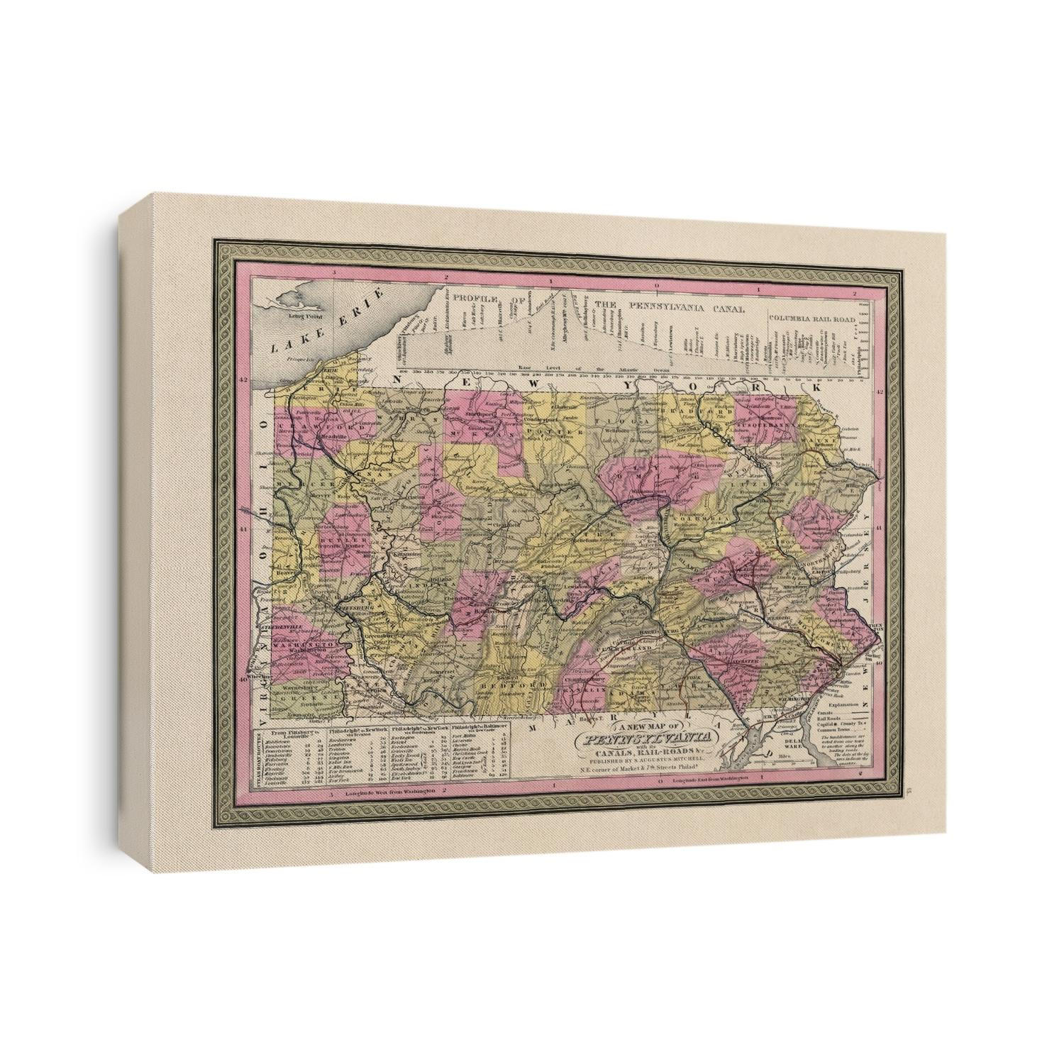 Old map of Pennsylvania from 1849 by Samuel Augustus Mitchell.