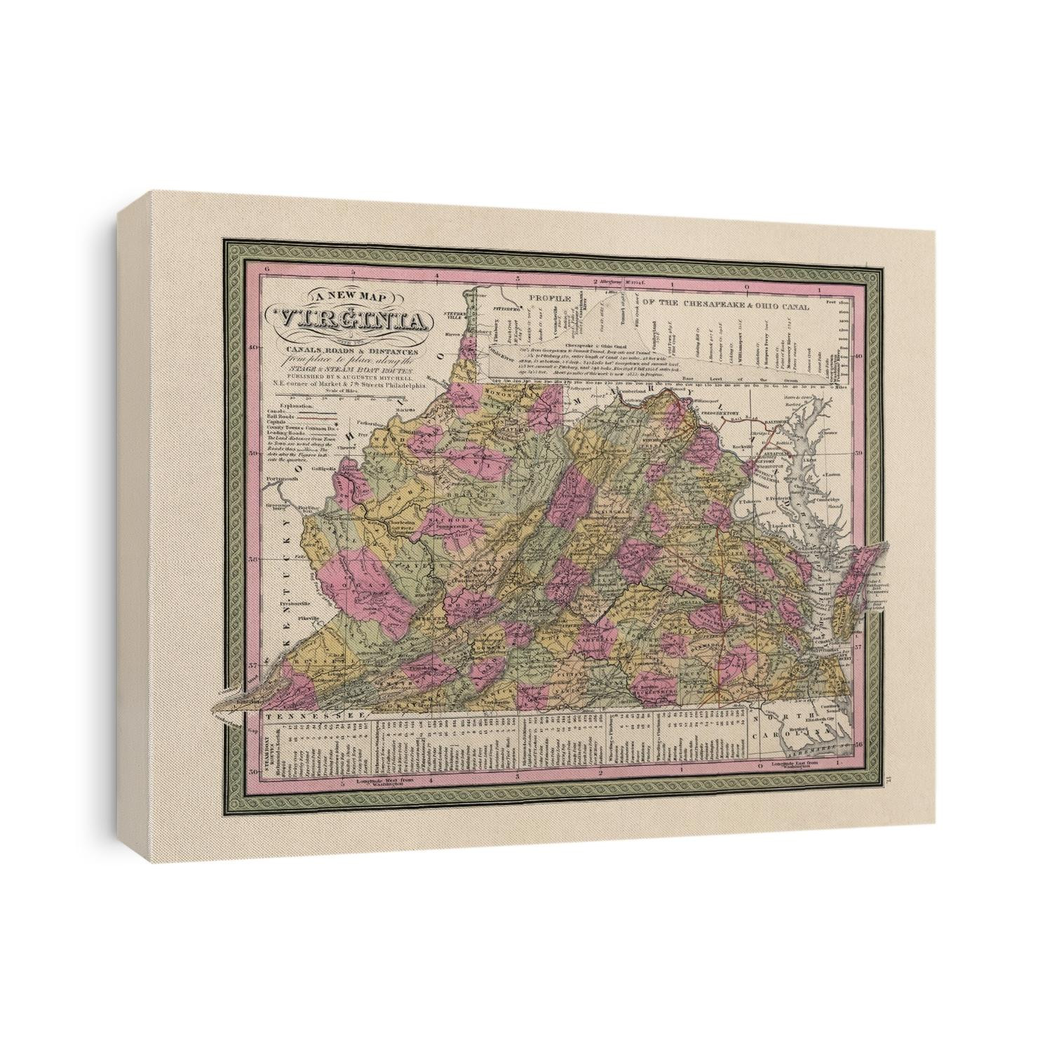 Old map of Virginia and West Virginia from 1849 by Samuel Augustus Mitchell.