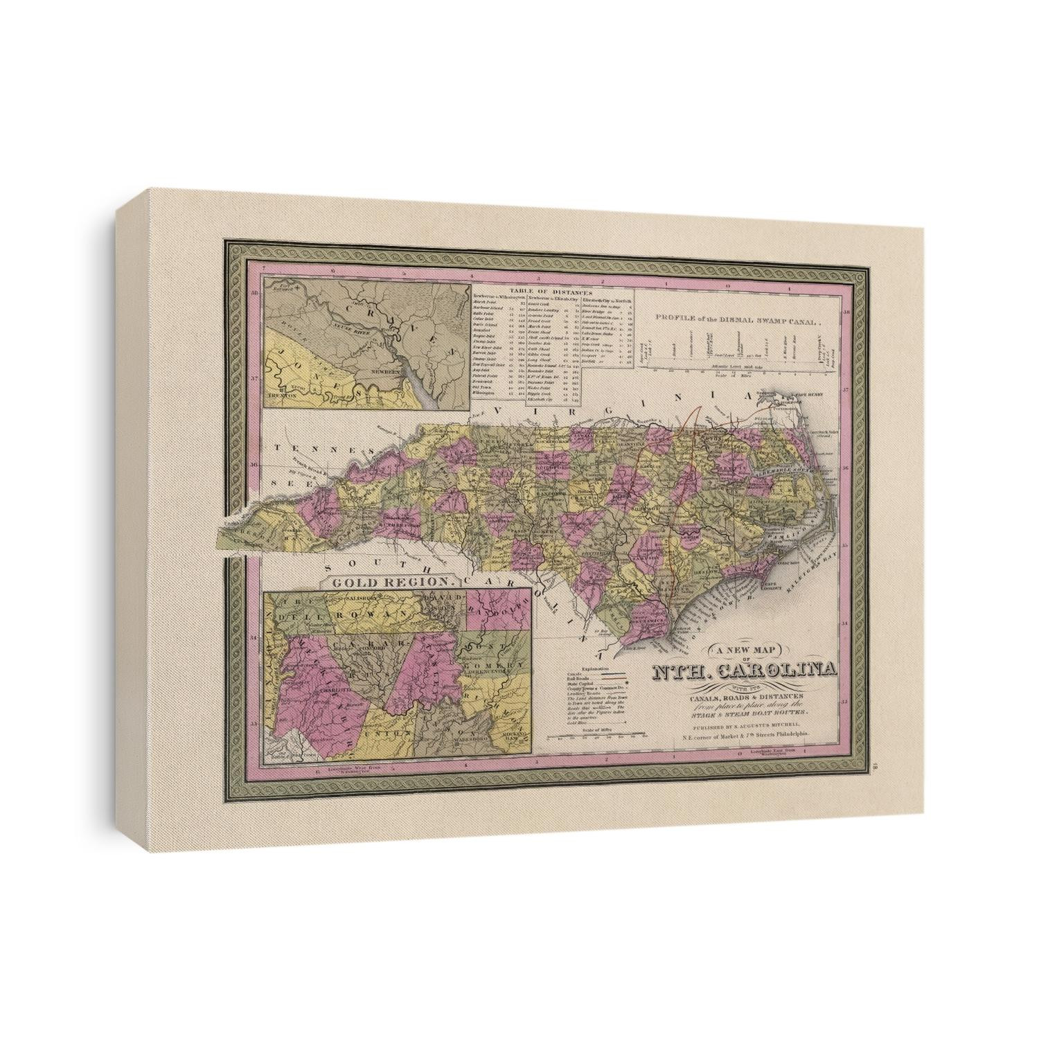 Old map of North Carolina from 1849 by Samuel Augustus Mitchell.