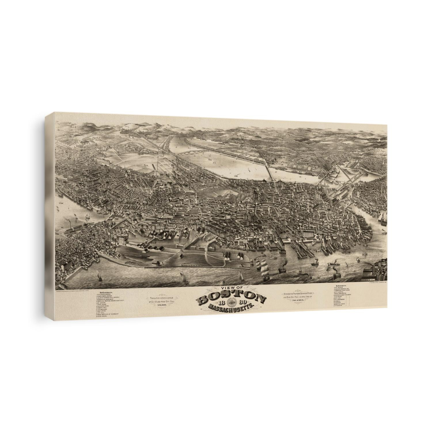 Old bird's eye view map of Boston, Massachusetts from 1880 by H. H. Rowley and Co.