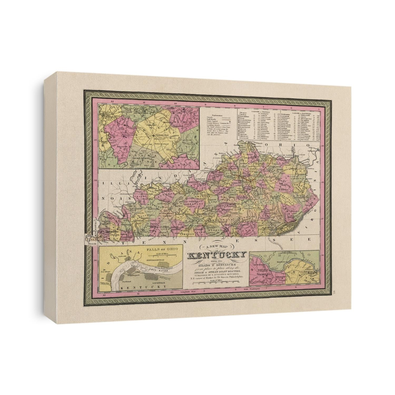 Old map of Kentucky from 1849 by Samuel Augustus Mitchell.