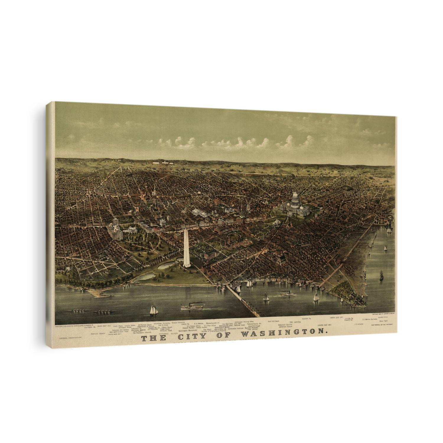 Old bird's eye view map of Washington, DC from c1892 by Currier and Ives.