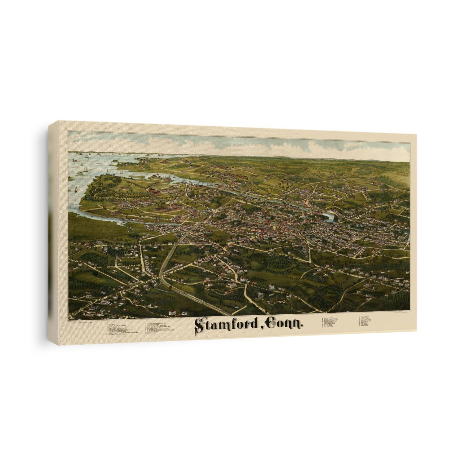 Old bird's eye view map of Stamford, Connecticut from 1883 by L. R. Burleigh.