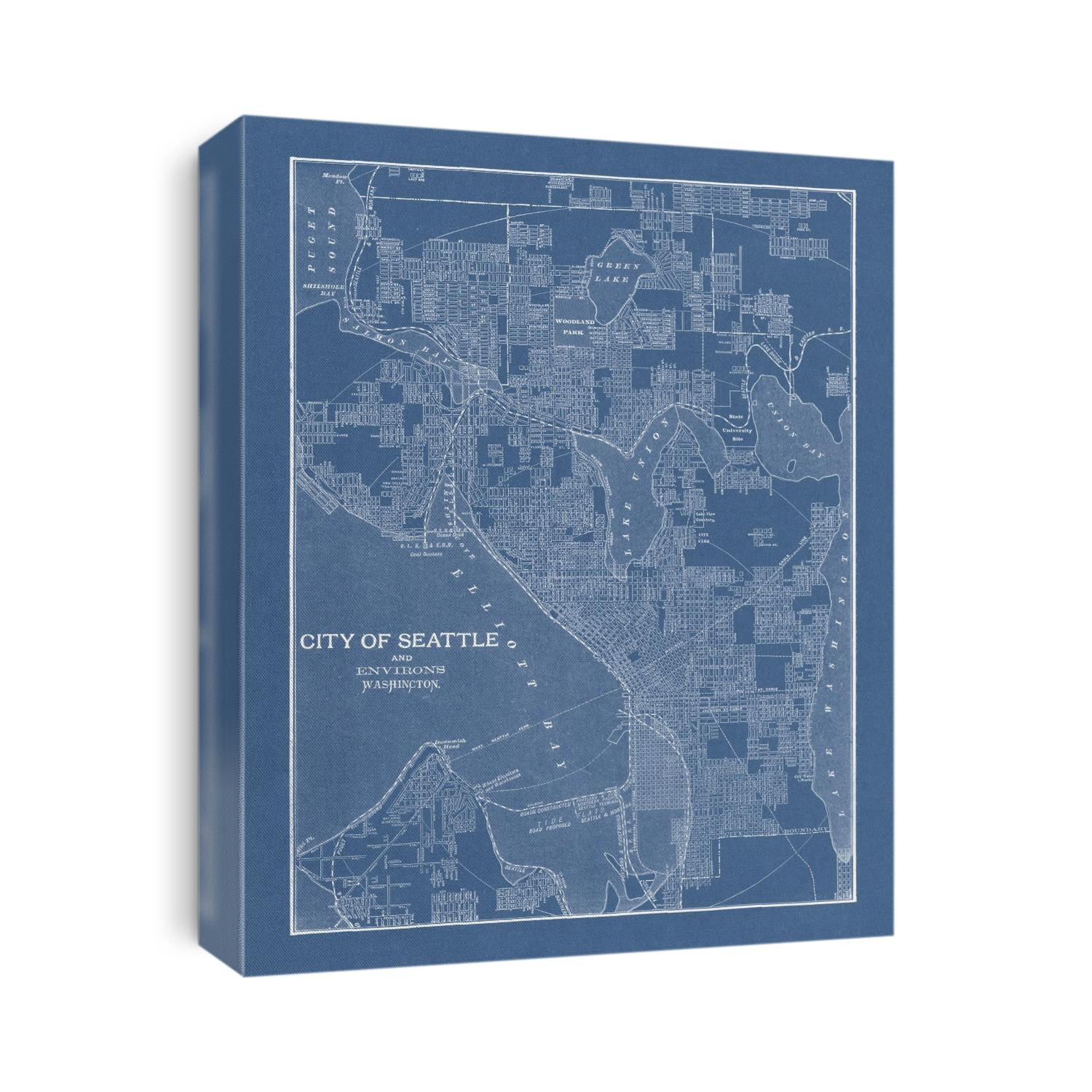 Old map of Seattle, Washington from 1901 in a blueprint style by George Franklin Cram.