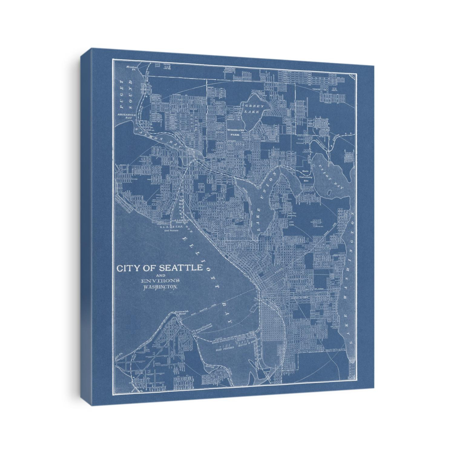 Old map of Seattle, Washington from 1901 in a blueprint style by George Franklin Cram.