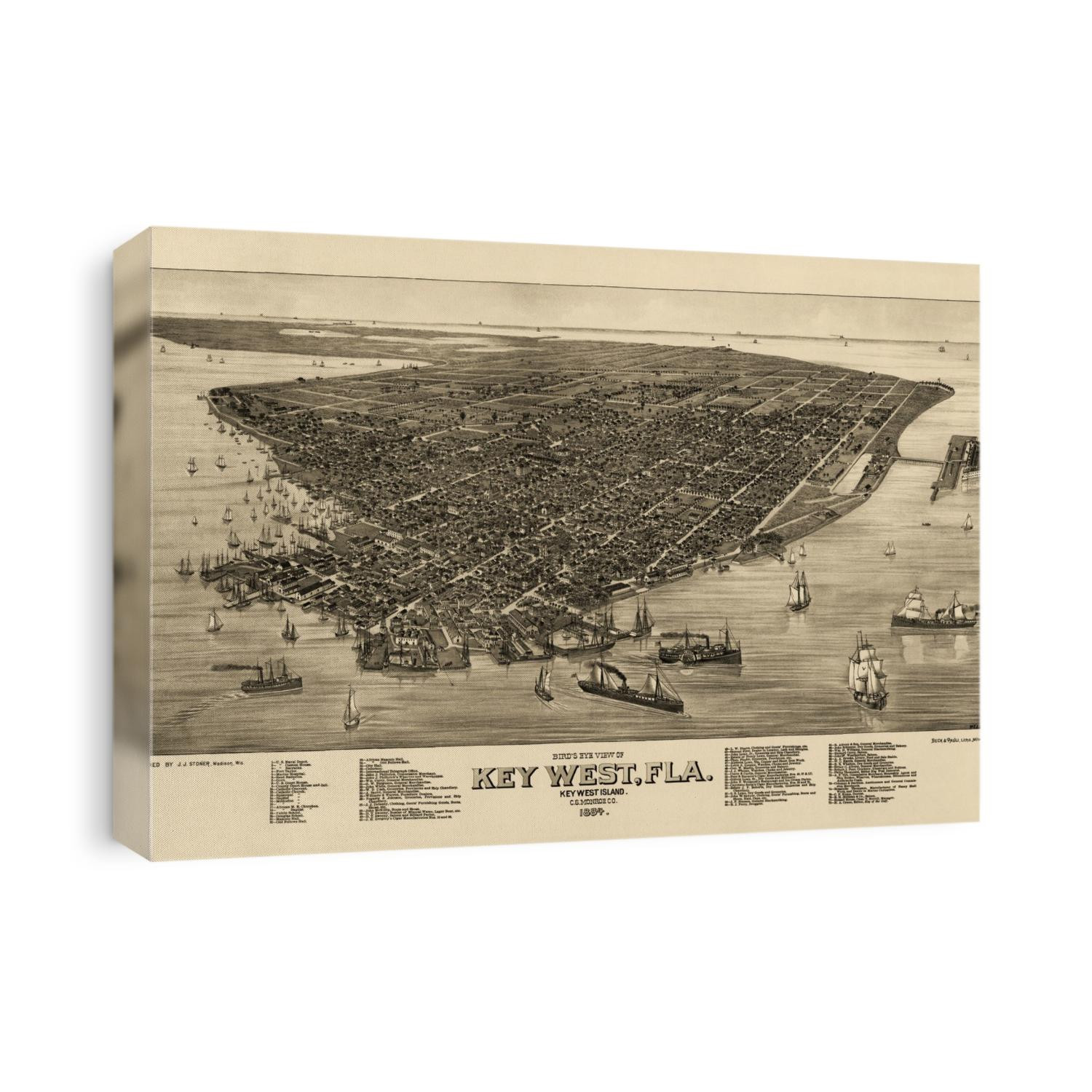 Old bird's eye view map of Key West, Florida from 1884 by J. J. Stoner.