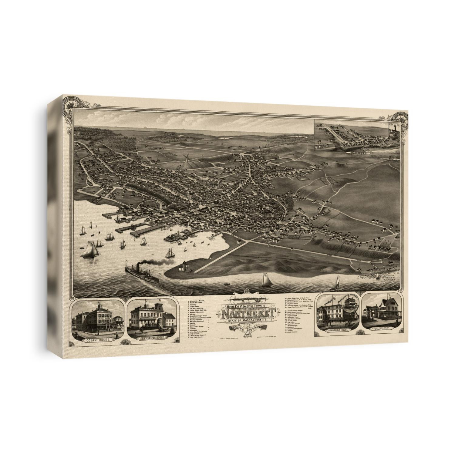 Old bird's eye view map of Nantucket, Massachusetts from 1881 by J. J. Stoner.