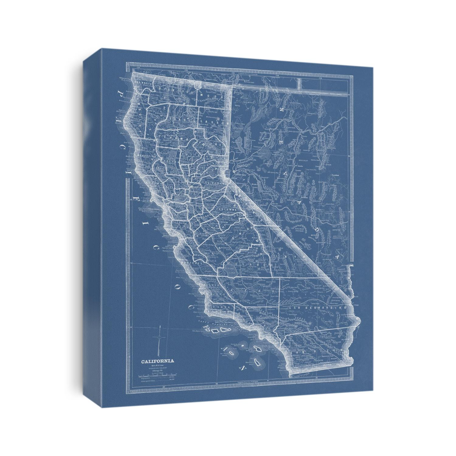 Old map of California from 1883 in a blueprint style by George Franklin Cram.