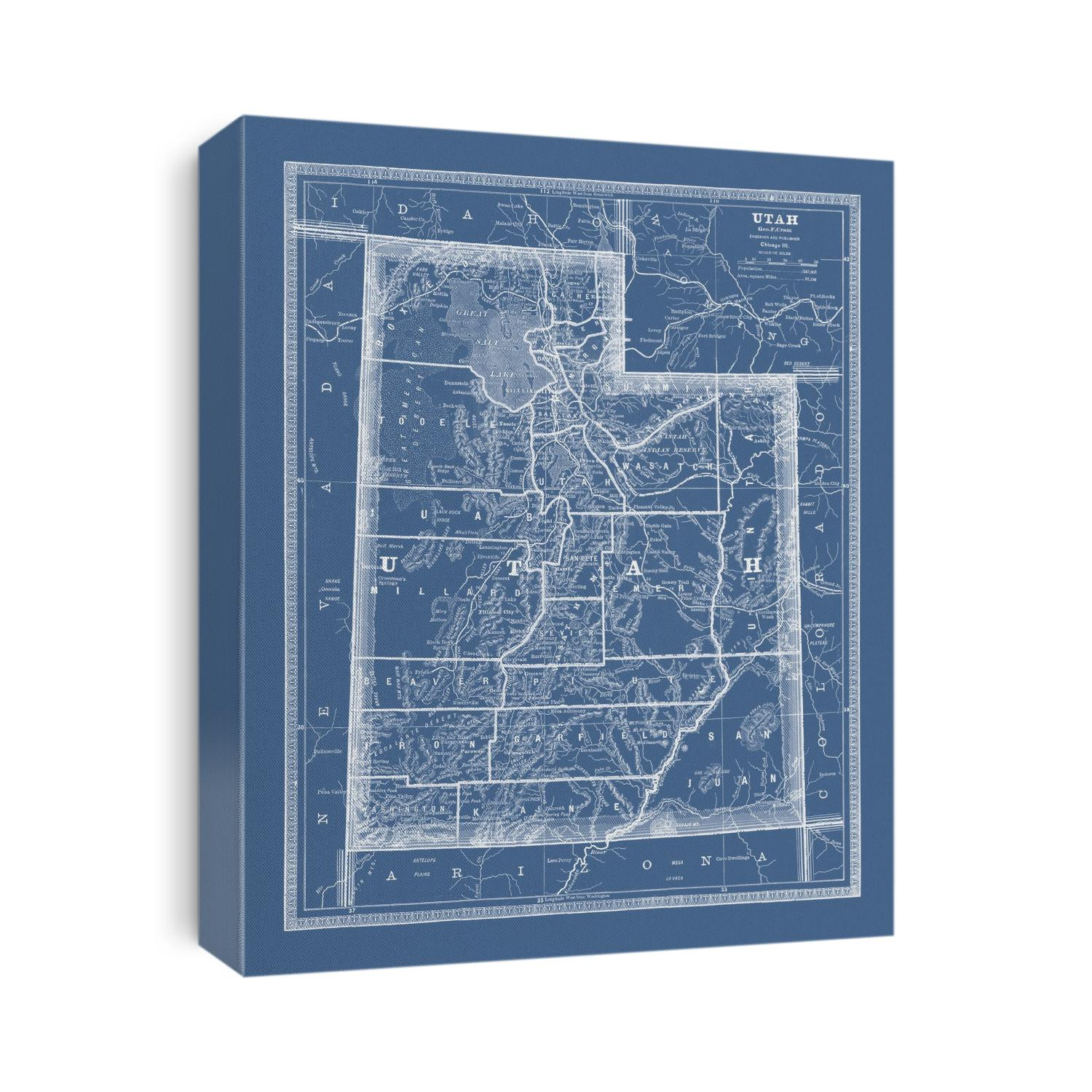 Old map of Utah from 1883 in a blueprint style by George Franklin Cram.