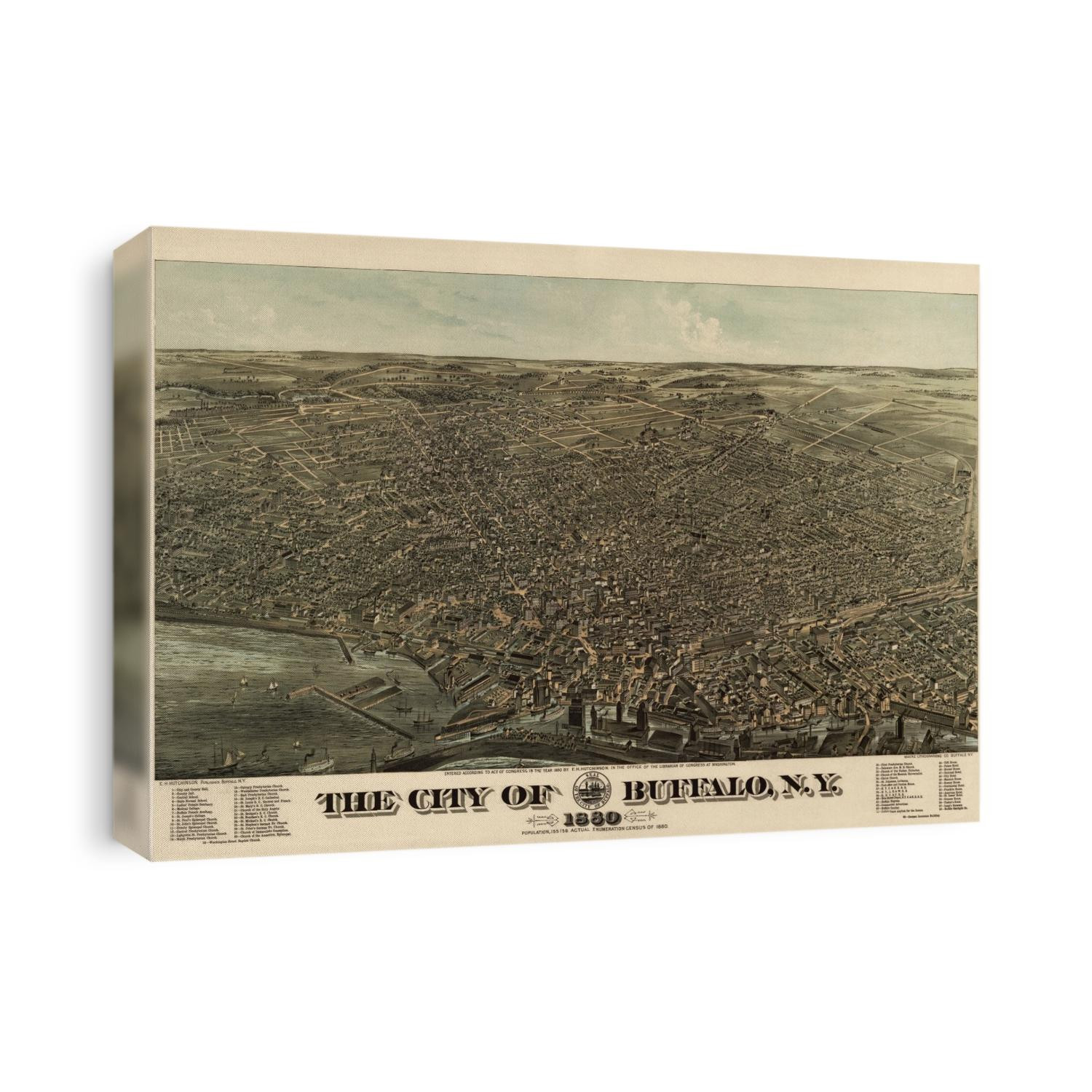 Old bird's eye view map of Buffalo, New York from 1880 by Edward Howard Hutchinson.