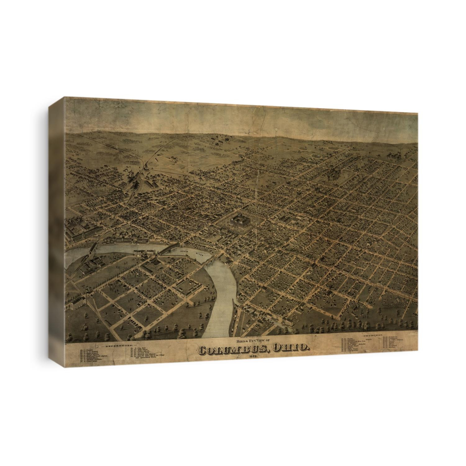 Old bird's eye view map of Columbus, Ohio from 1872 by O. H. Bailey.