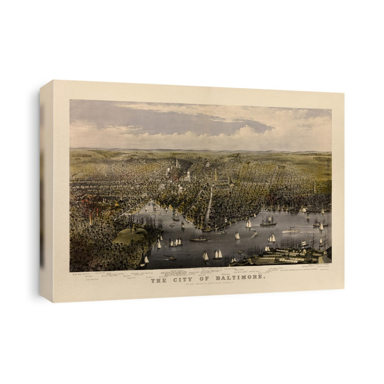 Old bird's eye view map of Baltimore, Maryland from 1880 by Currier and Ives.