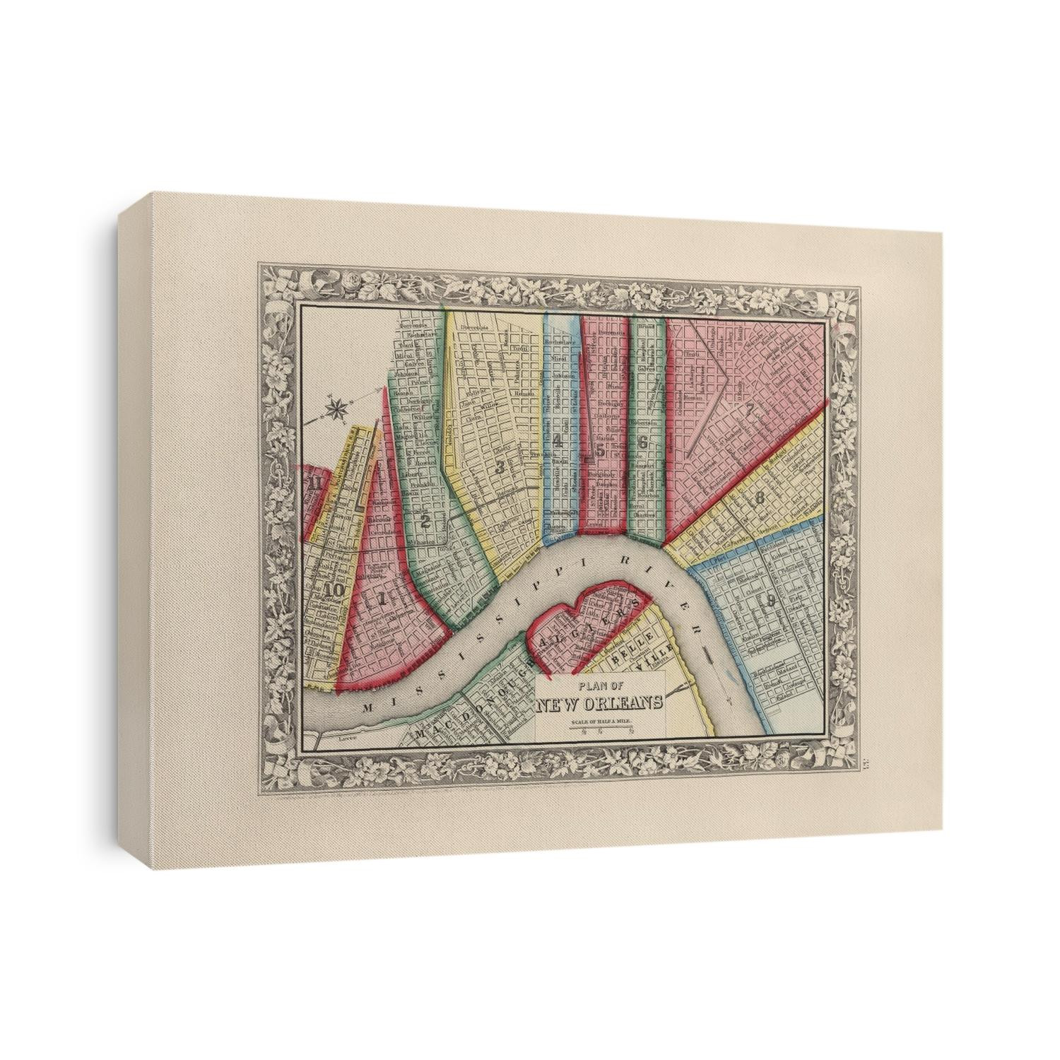 Old map of New Orleans, Louisiana from 1863 by Samuel Augustus Mitchell.