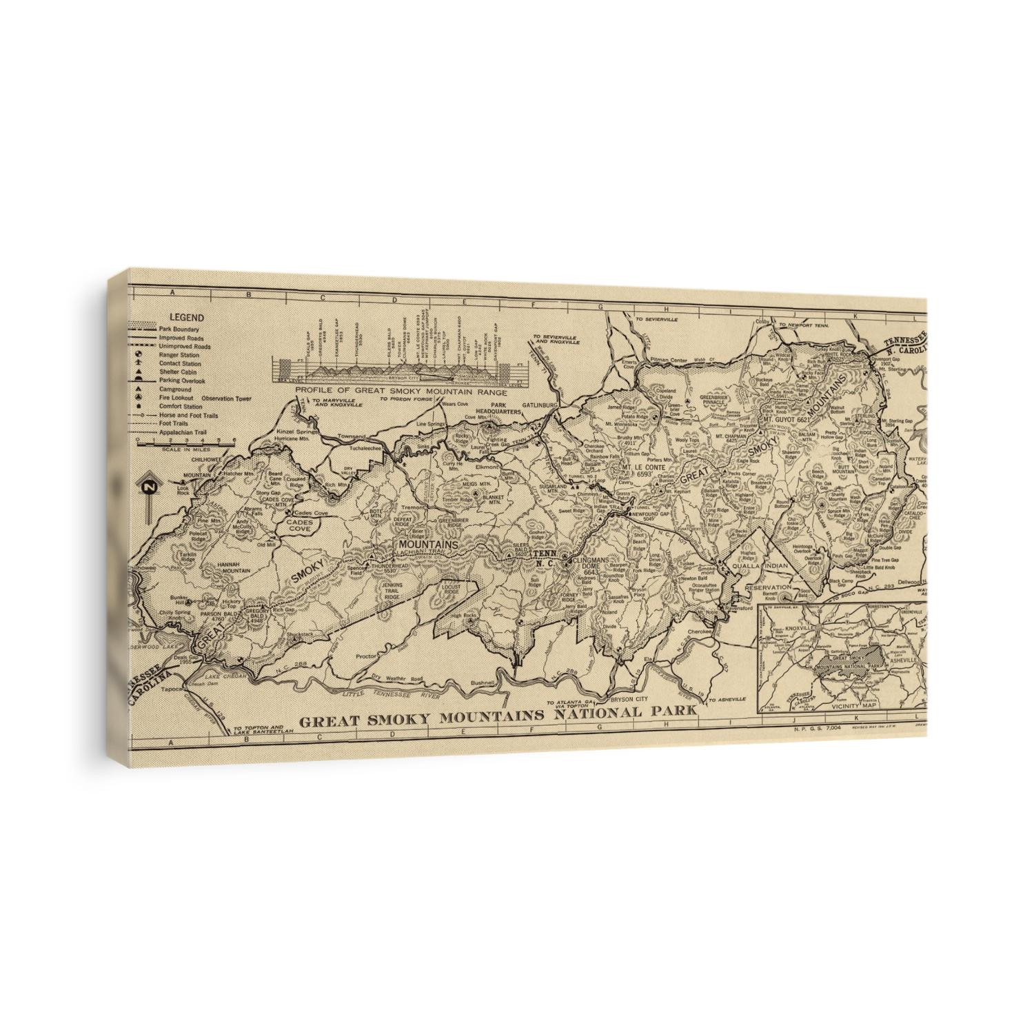 Old map of Great Smoky Mountains National Park from 1941 by A. J. Reixach.