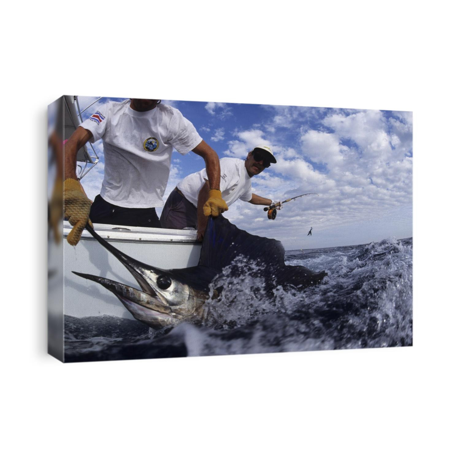 Deep sea fisherman catching a swordfish.