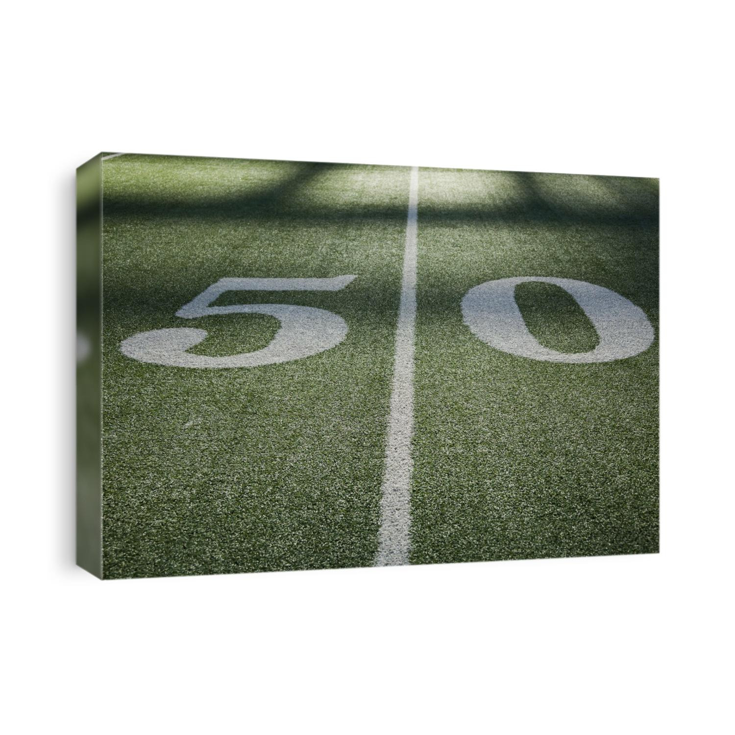 50 yard line marker in American Football stadium.