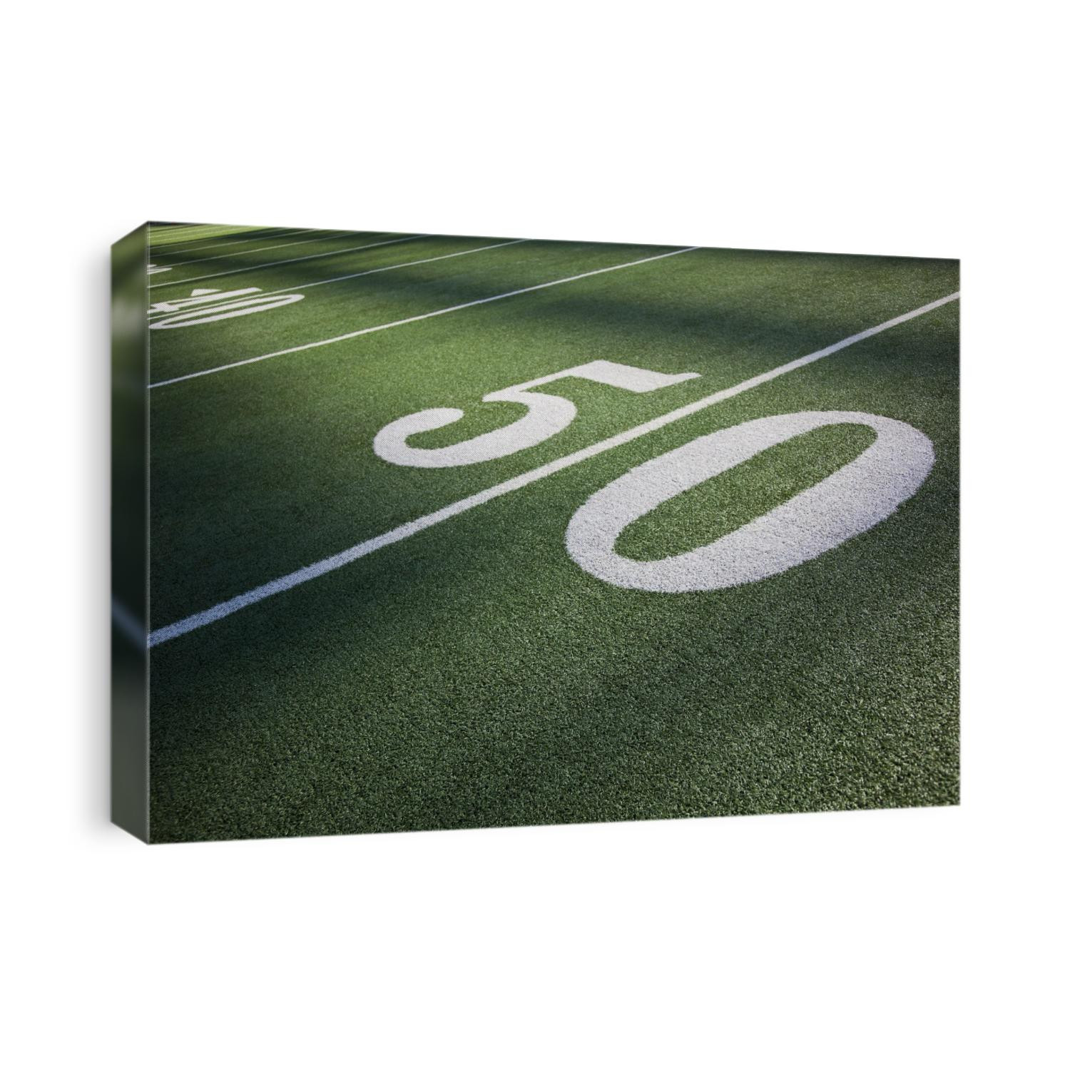 50 yard line marker in American Football stadium.