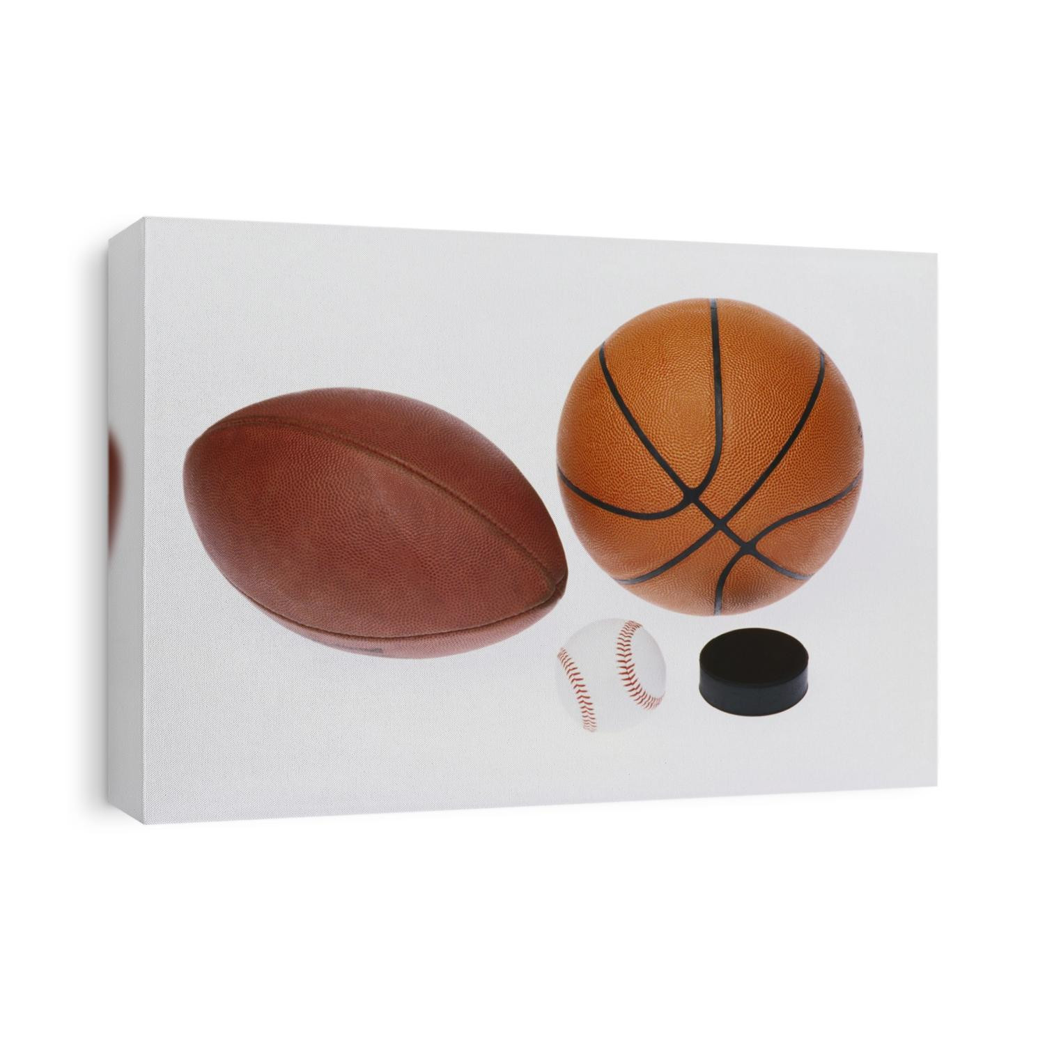 Sports equipmet: football, baseball, basketball,hockey puck,