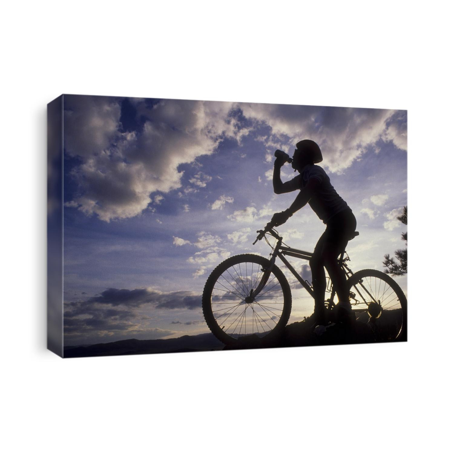 Silhouette of mountain biker drinking at the summit during sunset.