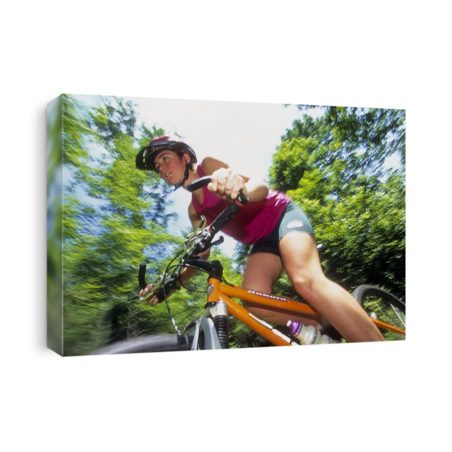 Young female recreational mountain biker riding in the forest.