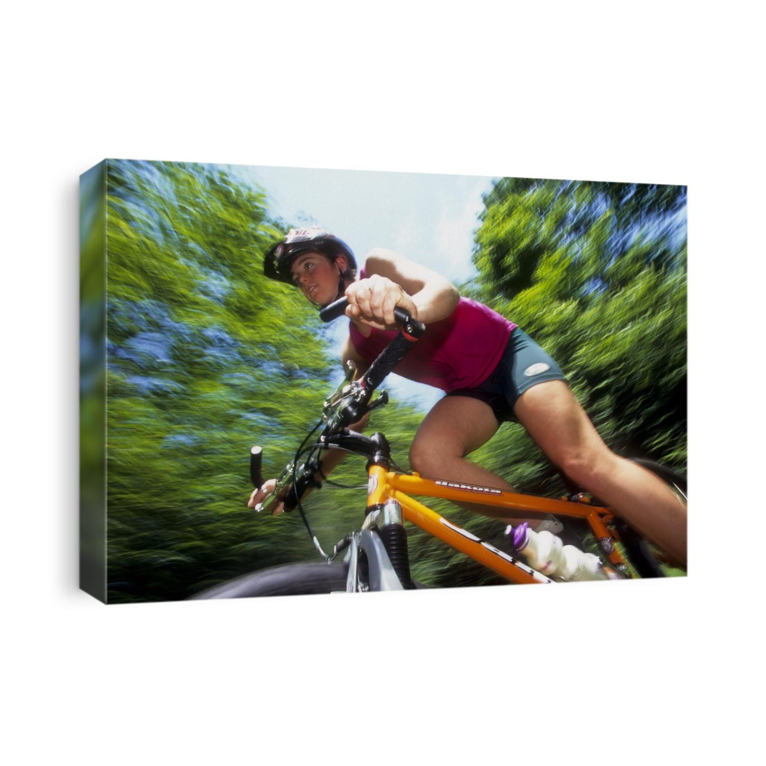 Young female recreational mountain biker riding in the forest.